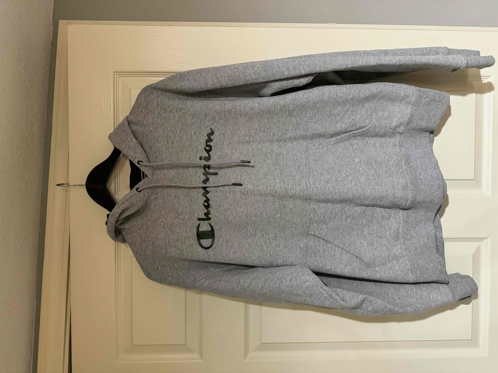 Champion Logo Pullover Hoodie Sweatshirt Gray Size Large